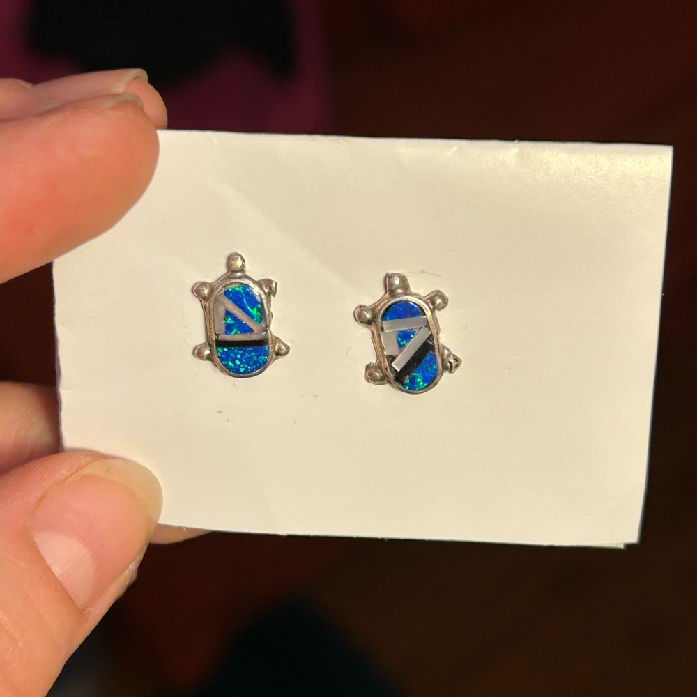 Sterling Silver Blue opal Turtle Earrings